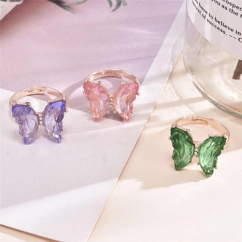 Fashion Cincin Kupu-kupu Terbuka Yang Dapat Disesuaikan Cincin Jari Transparan Berwarna-warni Untuk Hadiah Perhiasan Wanita - Be Ready stock