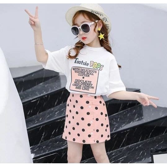 Setelan Anak Perempuan Katun Atasan Kaos Bawahan Rok Polka 5-8th Stelan Anak Cewek KPOP Import FV4TH