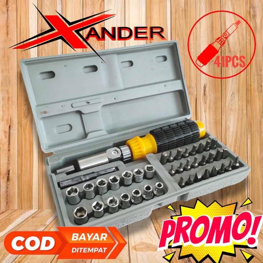 Promo Termurah Obeng Kunci Rachet Socket Sok baut Skrup Tool Set Kit 41 Pcs XANDER Buka Baut Mur Rin