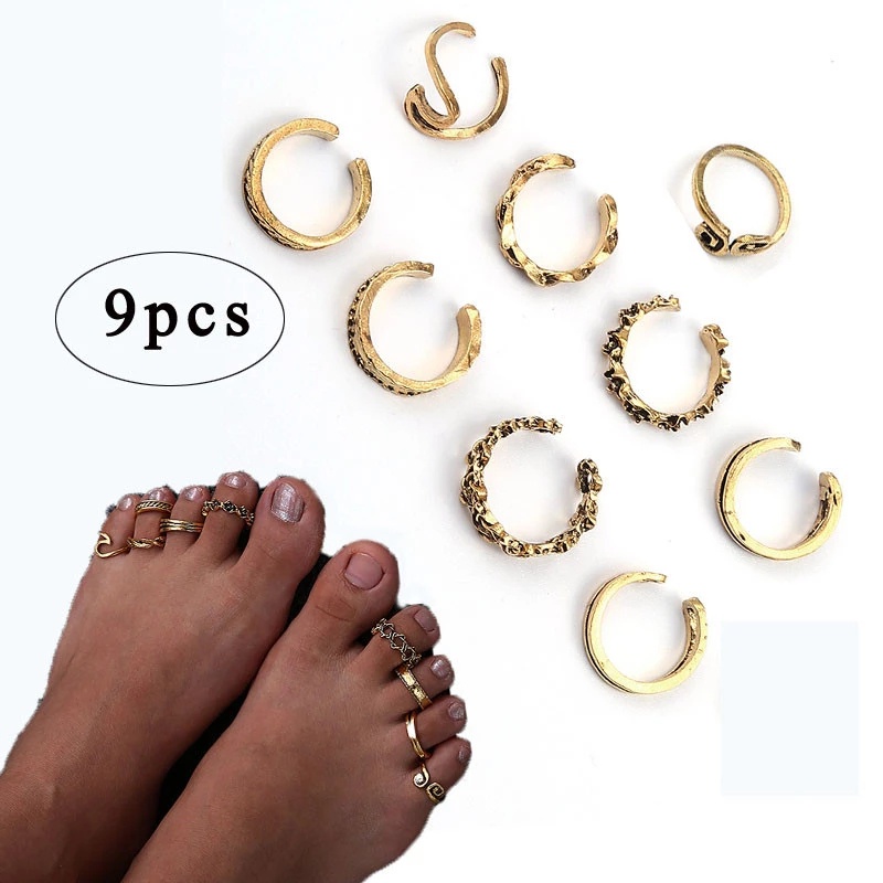 9pcs / Set Cincin Kaki Wanita Model Terbuka Adjustable Warna Emas / Silver Gaya Retro Untuk Musim Panas / Pantai