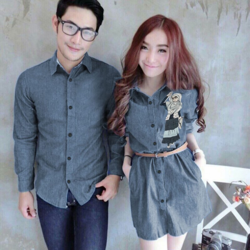 Mini Dress Karikatur Biru Muda / baju couple / dress couple / grosir couple / kemeja pria / dress