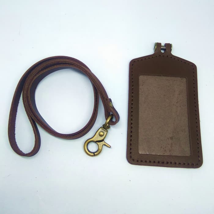 gantungan ID card kulit asli coklat - tali id card holder - PHID214