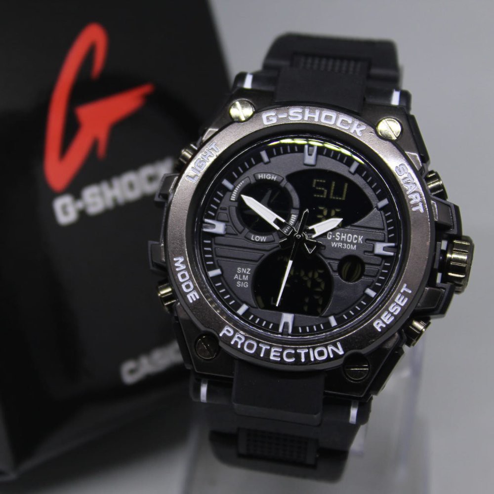 JAM TANGAN PRIA GW 1000 MIKA KEPALA BESI BLACK LIST WHITE