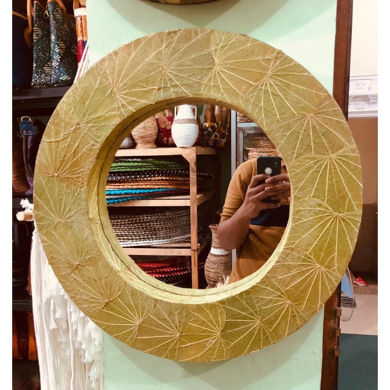 Cermin Aesthetic Anyaman daun hijau Walldecor Vintage Hiasan dinding Homedecor