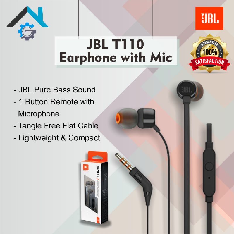 JBL T110 In Ear Earphone with Mic &amp; Flat Cable Garansi Resmi IMS Original