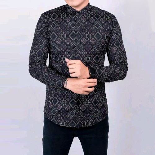 Baju Batik Kemeja Batik Pria Lengan Panjang Motif Songket Diamond Hitam Modern Slimfit Casual Black