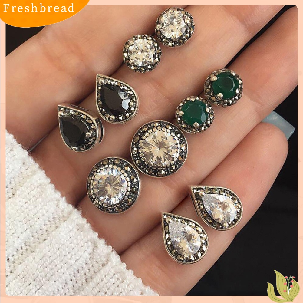 Fresh| 5 Pasang Anting Tusuk Bentuk Bulat / Tetesan Air Gaya Retro Untuk Wanita