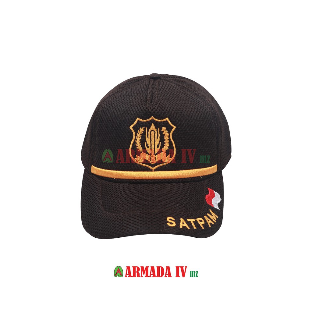 Topi Satpam Security Coklat MP Logo Jaring Jala List Kuning