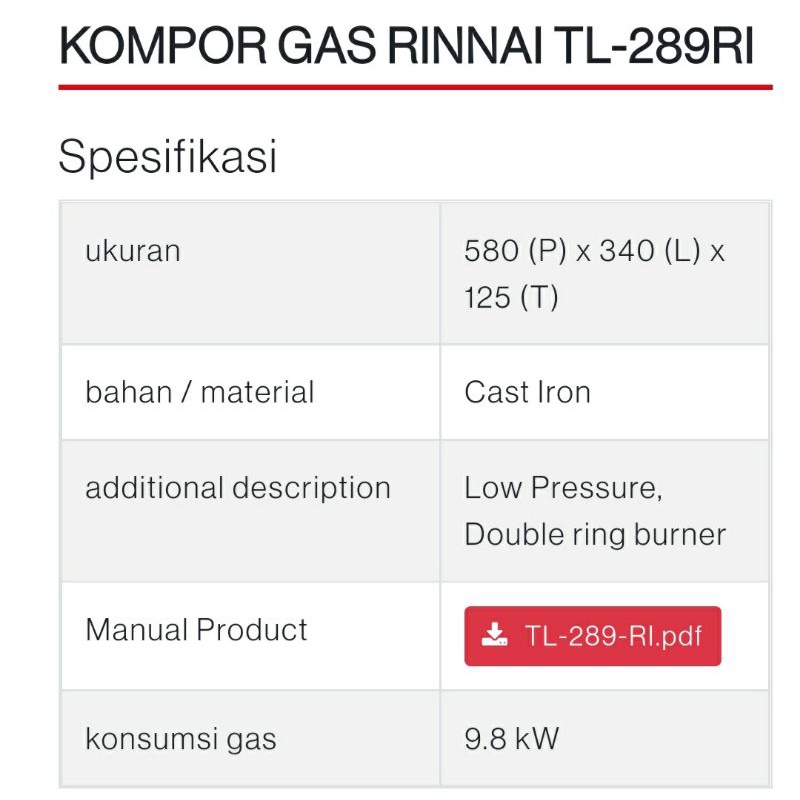 Kompor Gas Komersil Rinnai TL 289 RI Low Pressure Kompor Mawar Rinnai 289 RI Tekanan Rendah