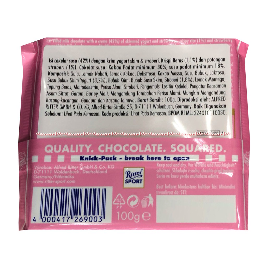 Ritter Sport Strawberry Yogurt 100gr Coklat Riter Stroberi