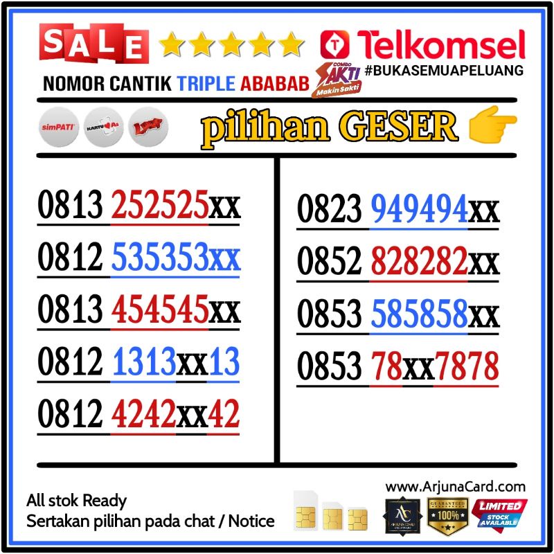 Perdana Nomer Nomor cantik simpati As Loop Telkomsel combo sakti 4G Triple ABABAB