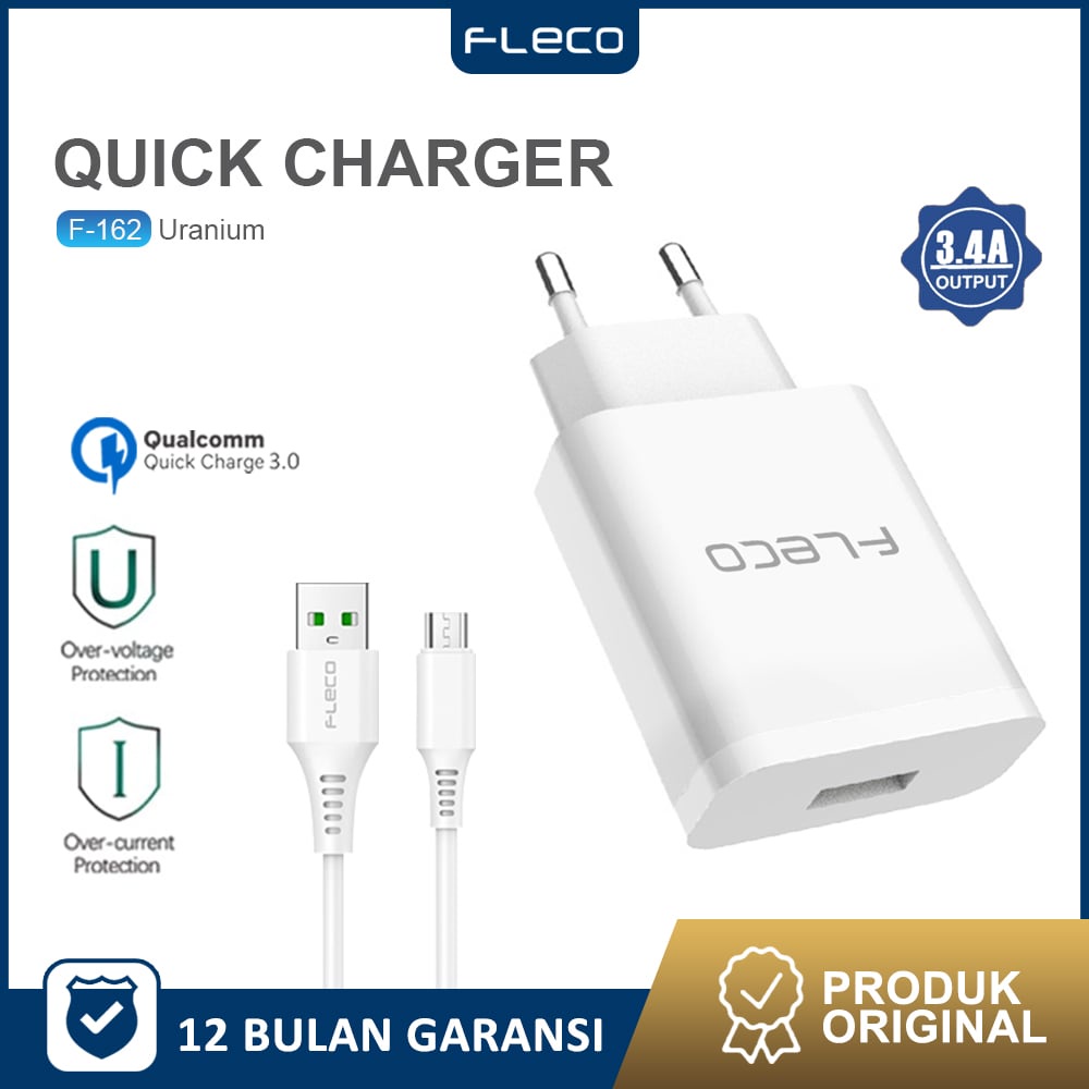 Charger Travel Adaptor Colokan USB 1 Port QC3.0 Quick Charging F-162 FLECO FREE kabel MICRO