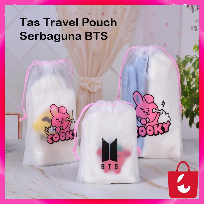 [Ready Stok] BTS Travel Pouch Serut Organizer Serbaguna Travel Tas Make Up Kosmetik Transparan Anti Air