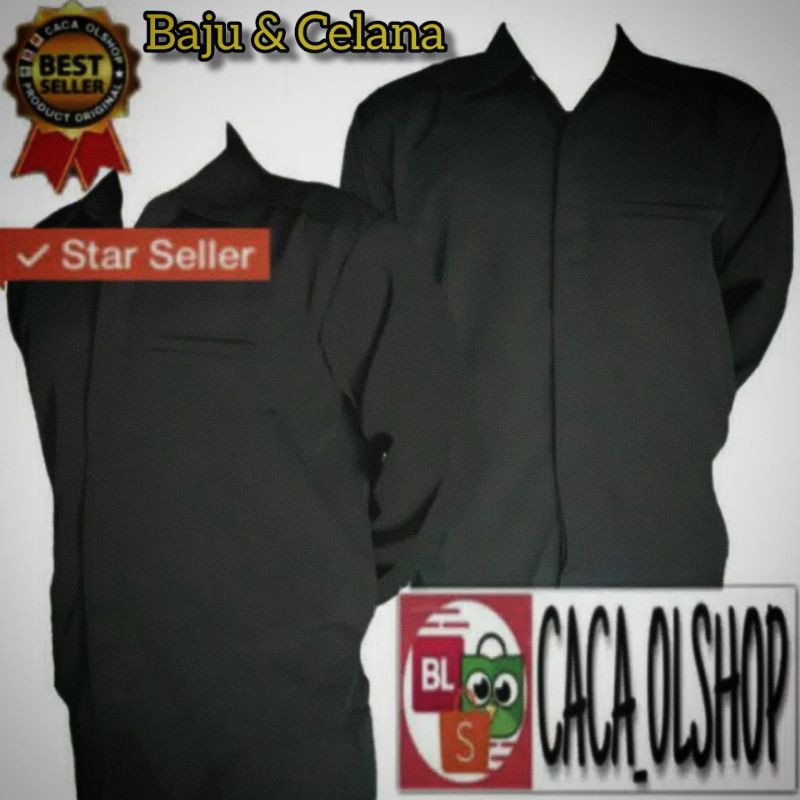 1 stel Safari PASPAMPRES Hitam Biru Lengan Panjang Pendek Setelan Baju Celana Bahan Seragam Berkualitas