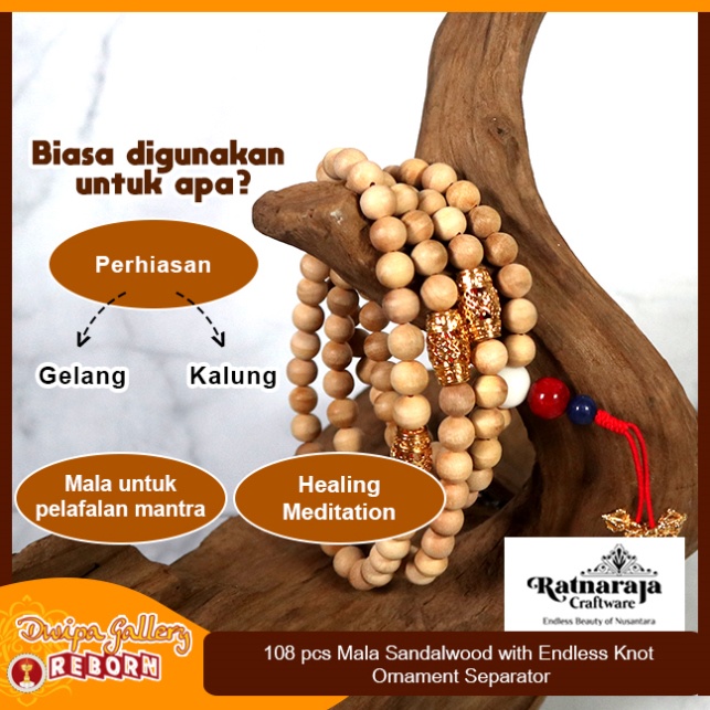 Tasbih / Mala Buddha 108 Kayu Cendana (Sandalwood) 8mm + Endless Knot