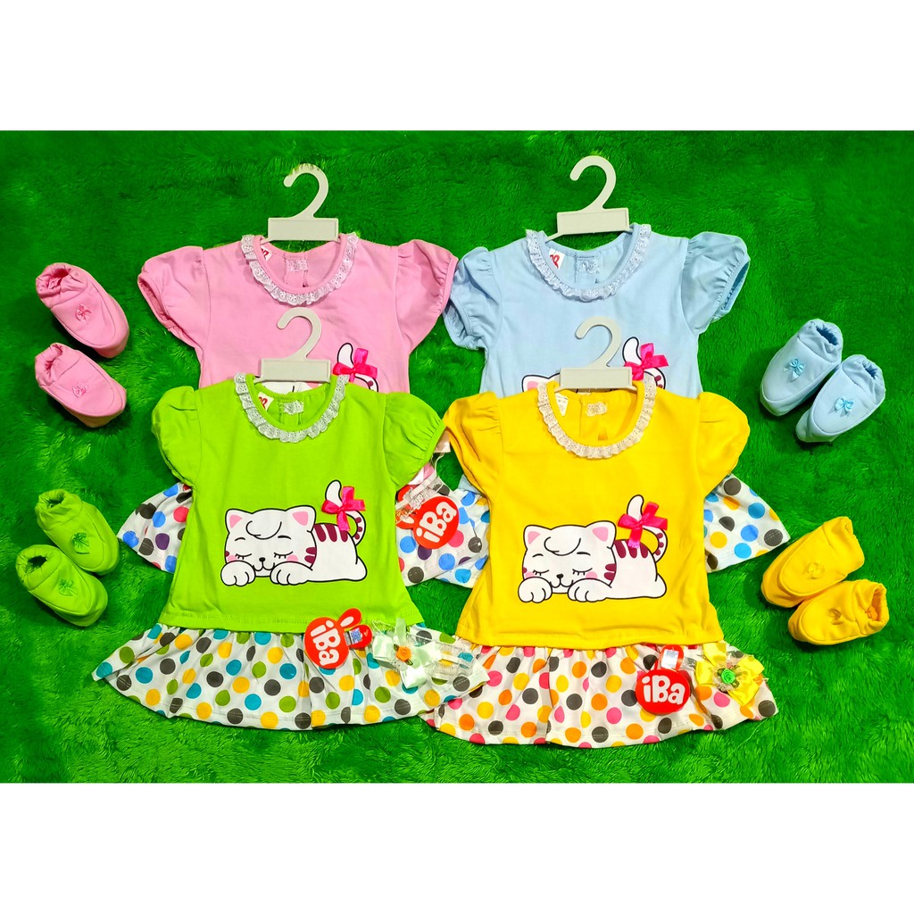 SET Dress Bayi SNI IBA 0-7 Bulan Motif Cute + Bando + Sepatu / Set Dress Hanger Baby Newborn