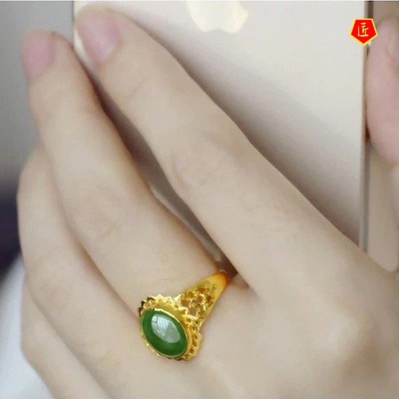 [Ready Stock]Women's Gold Inlaid with Jade Ring Hetian Jade Elegant Graceful