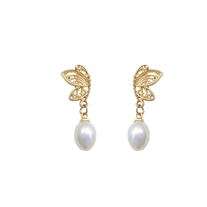 Shuling S925 silver needle French Retro Butterfly Earrings Female Fashion Pearl Pendant Earrings Ear Jewelry