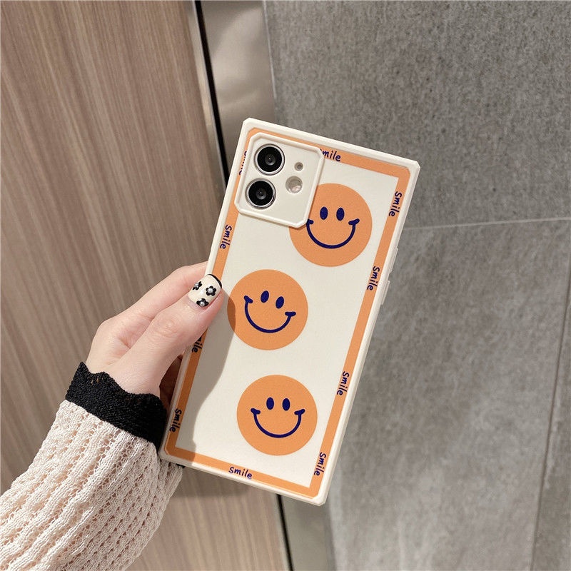 Casing Ponsel untuk iPhone 7 8 Plus SE 2020 11 12 Pro Max Silikon Square Orange Smiley Kartun Casing Ponsel untuk iPhone XR Xsmax Casing Tahan Guncangan grrt