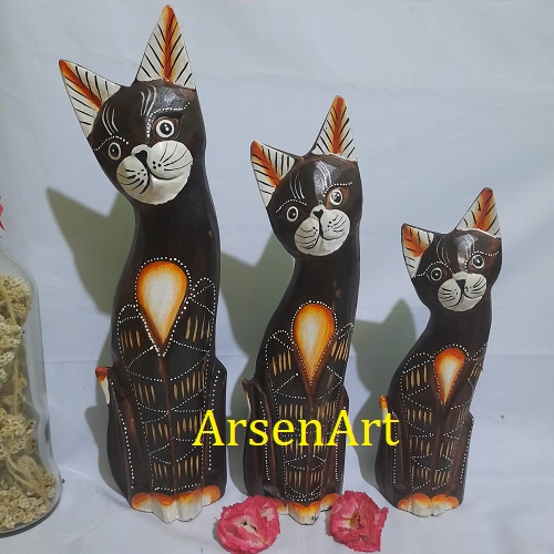 Pajangan Patung Kucing Kayu Satu Set 3 Pcs Tinggi 35 cm Ukuran Besar Kerajinan Bali