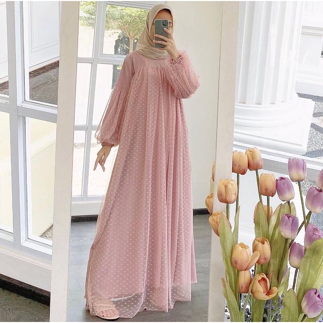 Hanabi Dress Kondangan Mewah Bahan Moscrepe mix Tulle Dot Ukuran M - XXL / Dress Pesta Kekinian / Dress Wanita Muslim Terlaris / Dress Remaja / Dress Pesta Murah