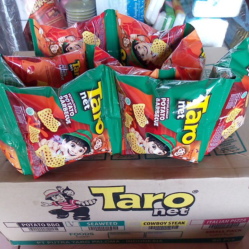 Taro Net 9gr 1 Dus/Karton Isi 60 Bungkus Pcs Varian Baru Rasa Potato BBQ Seaweed Rumput Laut Cowboy Steak Italian Pizza