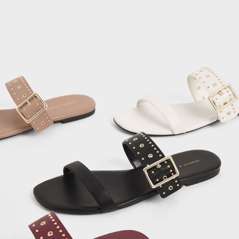 Sepatu Sendal Teplek Wanita CK Studded Slide Sandals Premium Import Hitam Black Putih White Coklat N