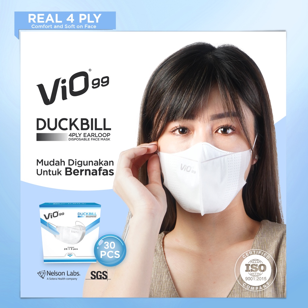 Vio Duckbill 30’S Mask 4Ply Earloop White masker medis isi 30 dengan filtrasi 99%