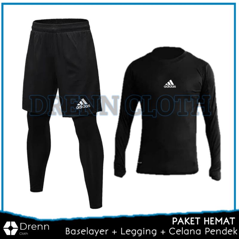 Stelan Olahraga Pria Baju Manset Baselayer Olahraga Legging Panjang dan Celana Pendek Pria Olahraga  Futsal Gym Premium-Full Set Adiidas