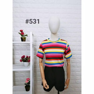  KAOS  T SHIRT BAJU  WANITA O NECK MOTIF GARIS PELANGI SWEET 