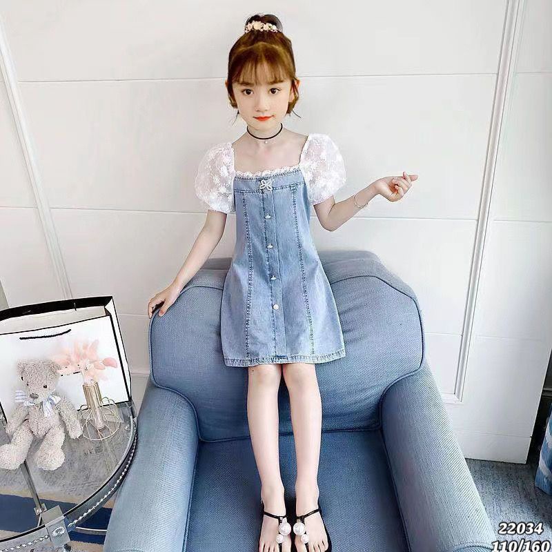Dress Rok Slim Denim Lengan Pendek Brokat Anak Perempuan Import 4-9 Thn