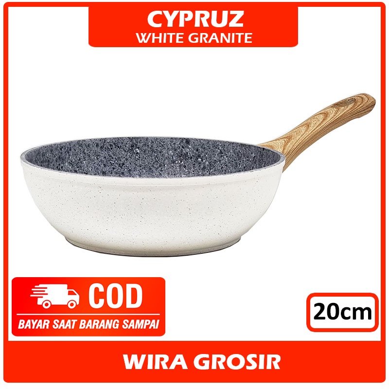 Cypruz 20cm Frying Deep Wok Putih Granite | Wajan Anti Lengket | Penggorengan Keramik | Pan Granit