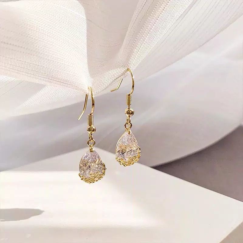 FerenHongXia anting gantung kristal zircon bentuk tetesan air gaya vintage alegan