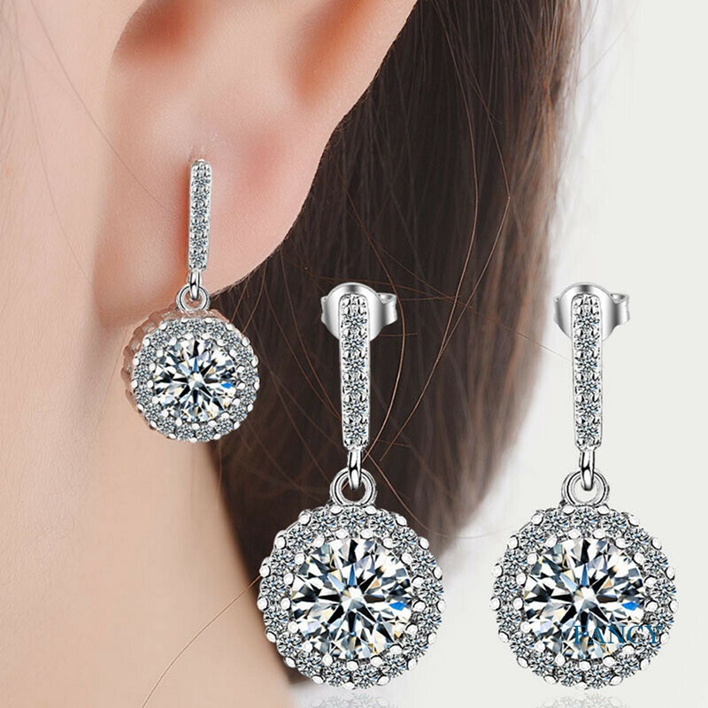 Anting Juntai Bentuk Bulat Kubik Zirkonia Warna Silver Gaya Klasik Untuk Wanita