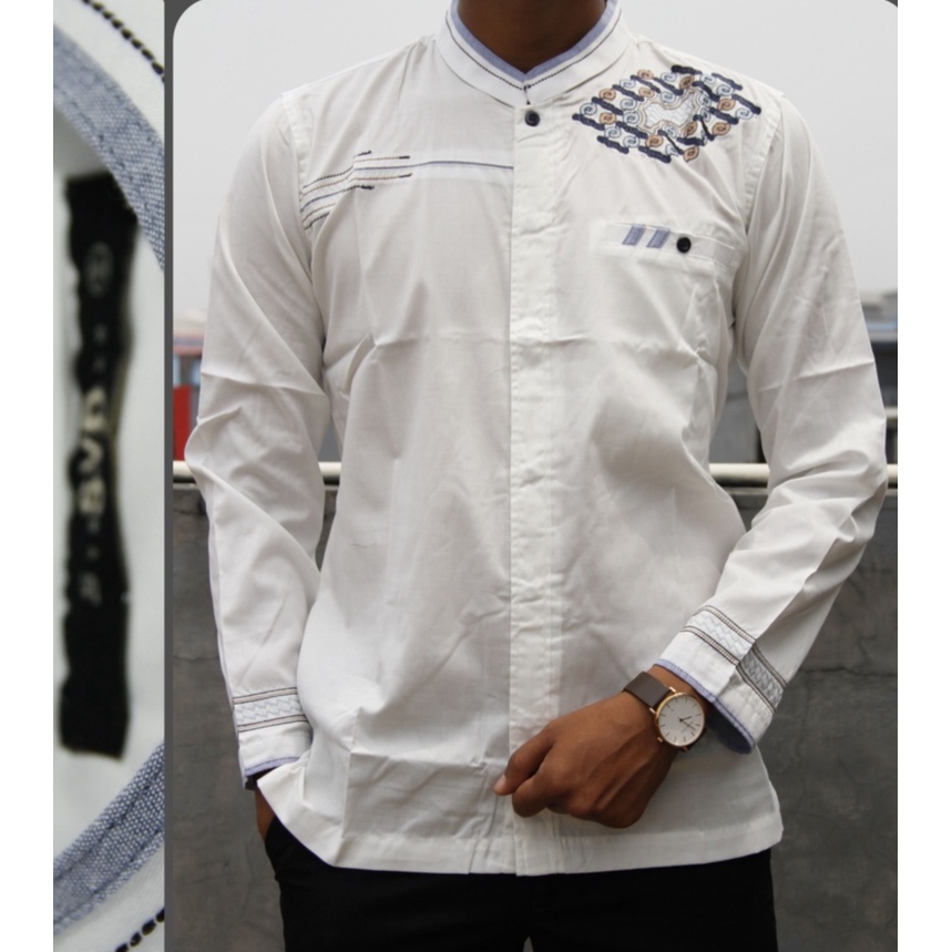Baju Koko Pria Lengan Panjang Syahdika Putih Motif Bordir 11 | Pakaian Solat Pria | Baju Muslim