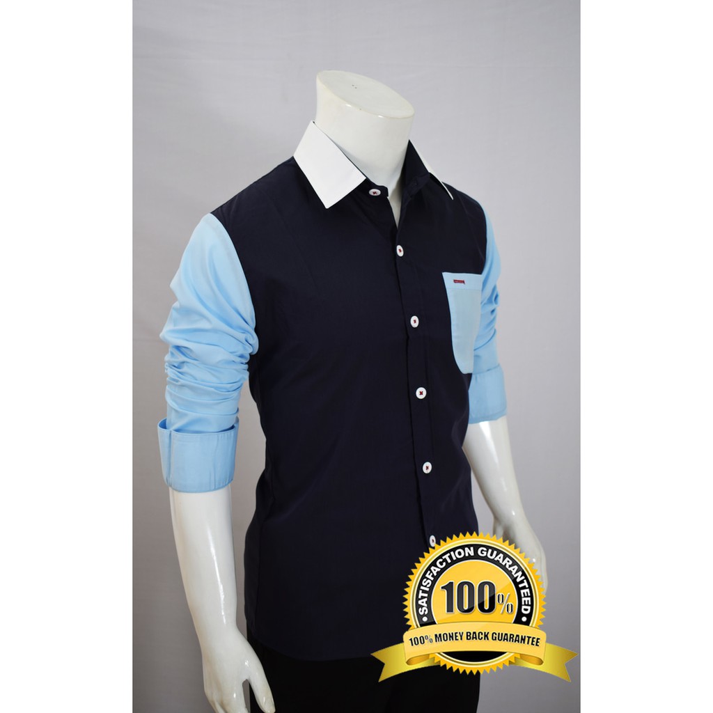 KEMEJA PRIA IWAKI NAVY LENGAN PANJANG MODEL SLIMFIT WARNA NAVY - CASUAL KEREN