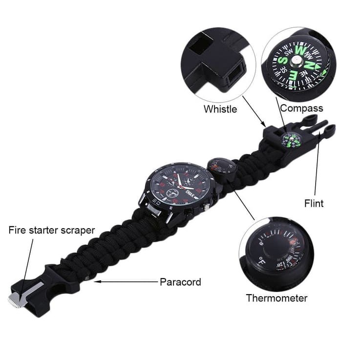 Jam Tangan 5in1 Paracord Survival Watch Gelang Kompas Outdoor Camping