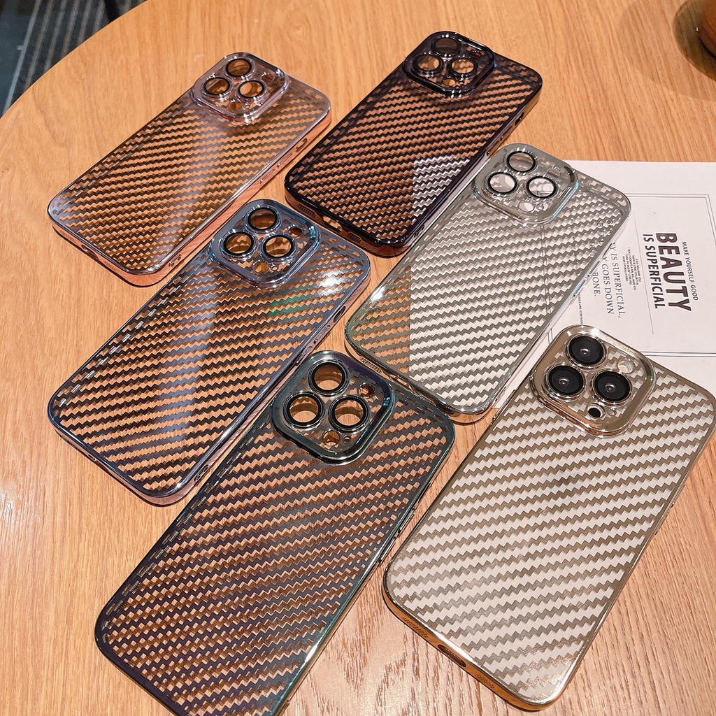 Soft Case Motif Carbon Fiber Dengan film Lensa shockproof Untuk iPhone 13 Pro MAX 11 Pro MAX 12 Pro MAX