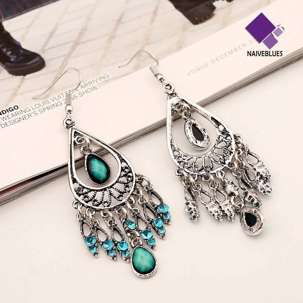 Naiveblue &gt; Anting Kait Gantung Desain Ukiran Hollow Hias Batu Permata Imitasi Gaya Boho Untuk Wanita