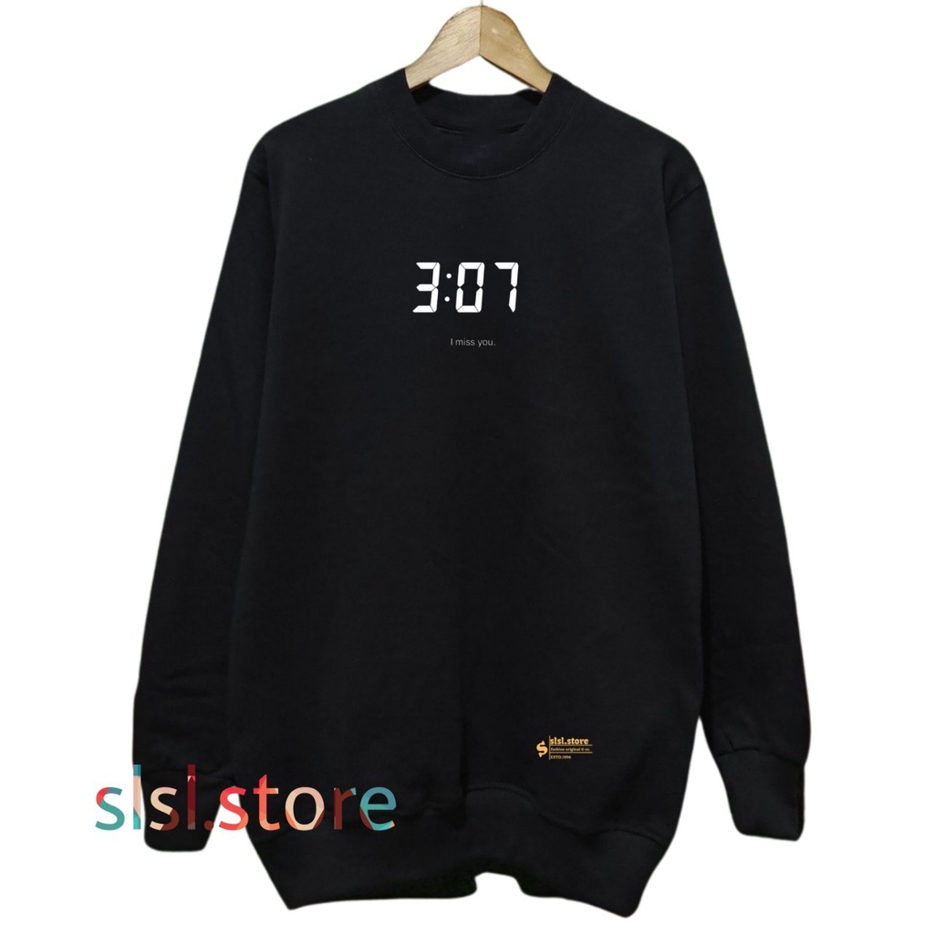 Sweater Crewneck Pria I MISS YOU 3:07 Black Cotton Premium