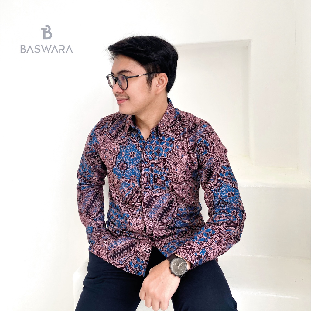 Baswara Kemeja Batik Pria Lengan Panjang Biru Ungu A19