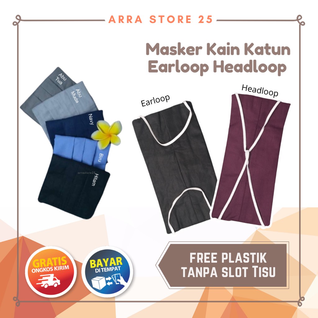 Masker kain katun 2 lapis kain earloop dan headloop (Hijab) TANPA SLOT TISU