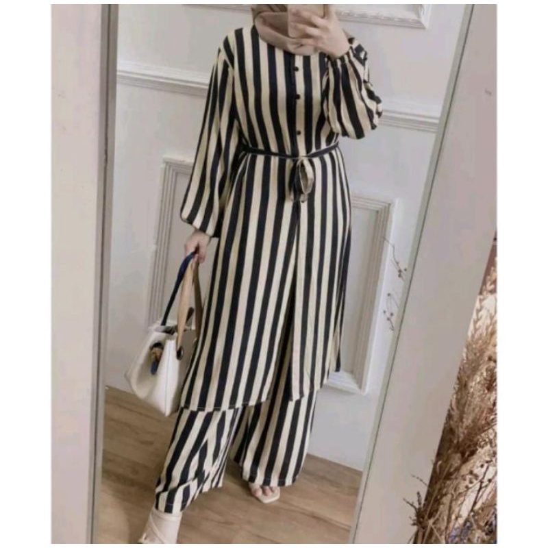 Jomboo Setelan Loong Tunik Salur Mecca || Homesetay  Payamas loong Tunik pakaian  Wanita Set Kekinia