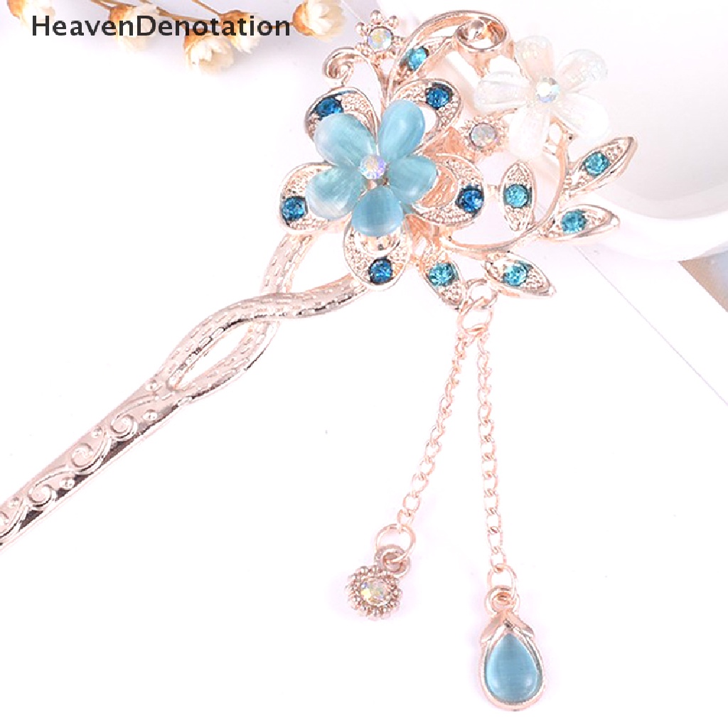 [HeavenDenotation] Cat Eye Stone Hair Pin Double Flower Rhinestone Hair Stick Hair Clip