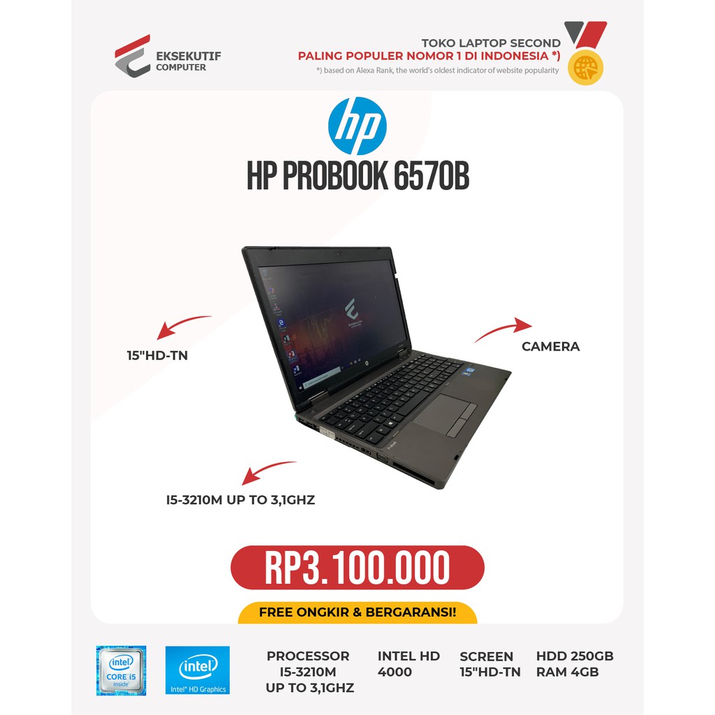 HP PROBOOK 6570B I5-3210M UP TO 3,1GHZ/4GB/HDD 250GB/INTEL HD 4000/15"HD-TN/CAMERA, MIC.