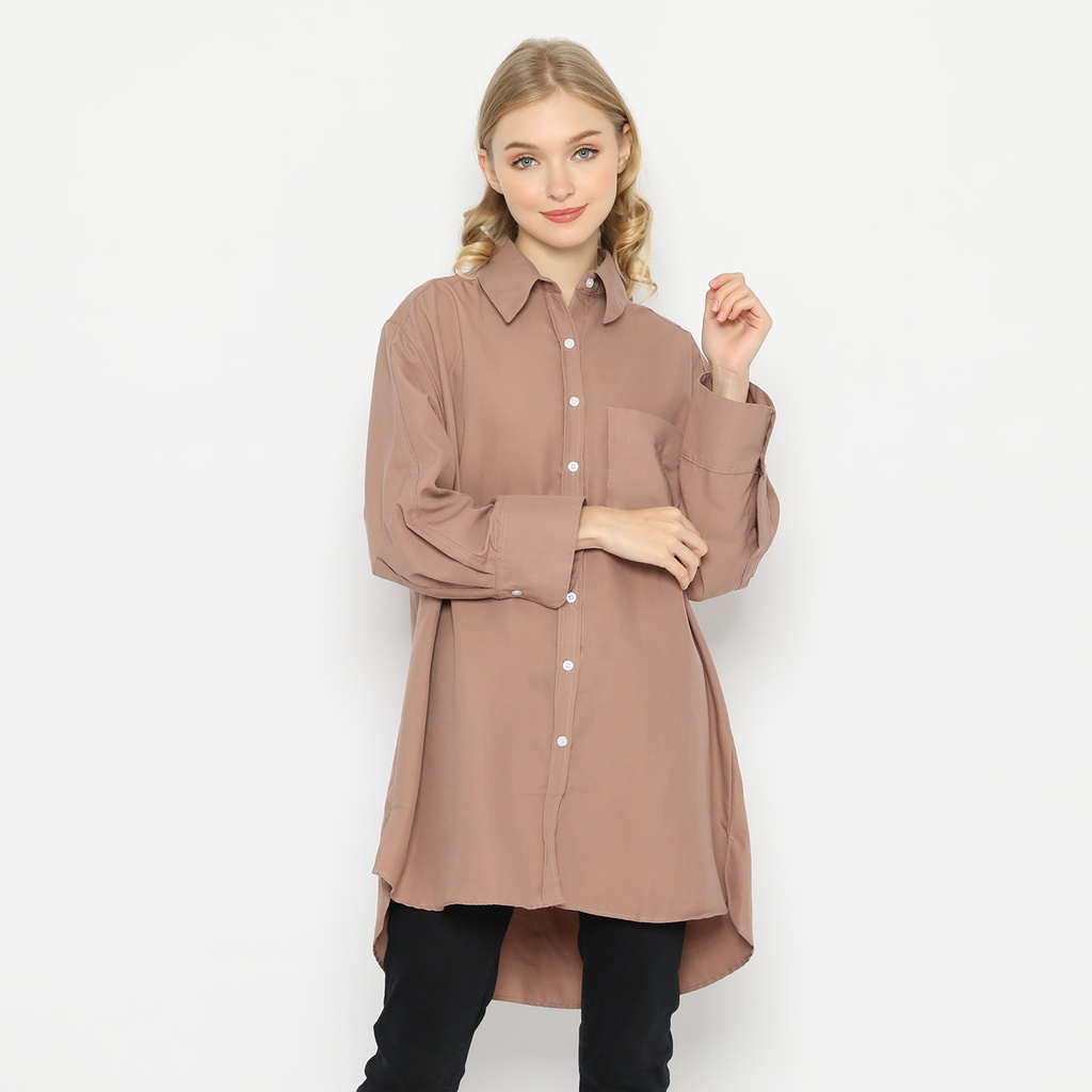 KEMEJA WANITA UNIQLO GU765 GU796 OVERSIZED LONG SHIRTS-ZRIMP1105 ALMOND