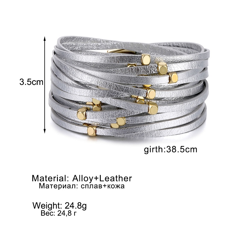 Gelang Tangan Kulit Banyak Lapis Warna Silver Gaya Vintage Untuk Wanita &amp;amp; Gelang Bangles Adjustable Untuk Hadiah