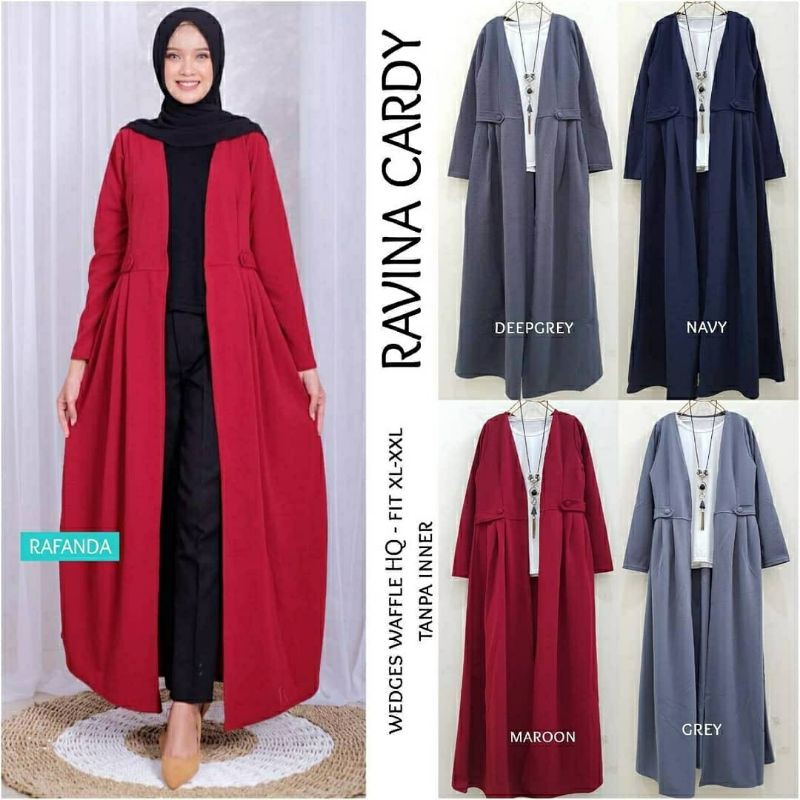 Ravina Cardy, KARDIGAN WANITA MUSLIM PANJANG CANTIK NO KERAH BAHAN WEDGES WAFFLE LD 100-110 OOTD