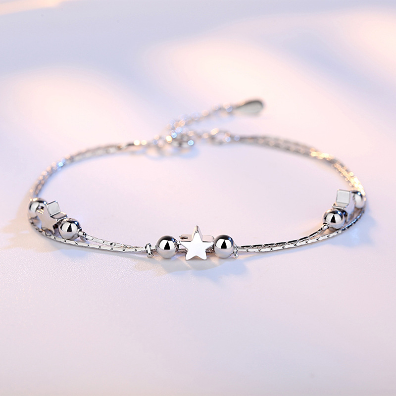 Gelang Kaki Rantai Silver Multi Layer Wanita Hias Manik Bintang Gaya Korea Untuk Pantai/Hadiah