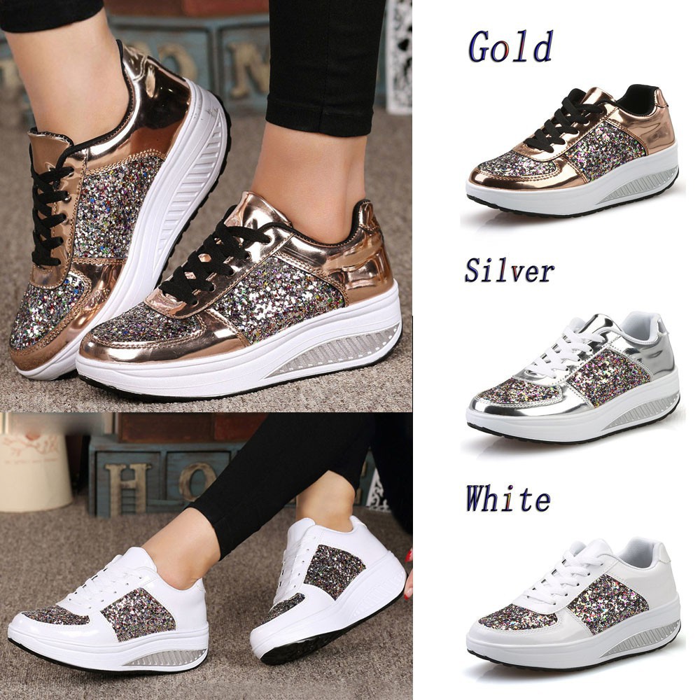 Women S Ladies Wedges Sneakers Sequins Shake Shoes Fashion Girls Sport Shoes Shopee Indonesia